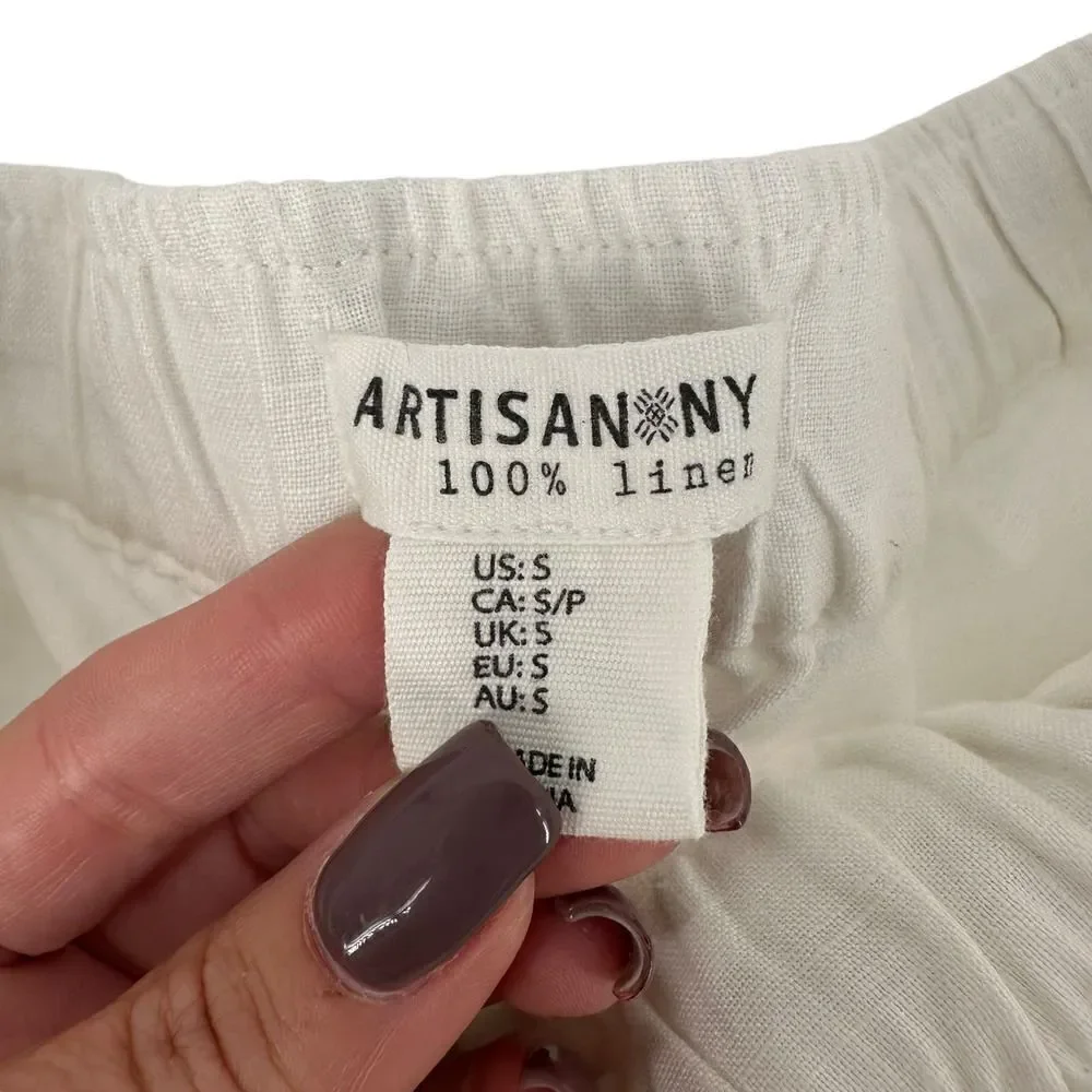 Artisan NY Linen Shorts White Embroidered Bohemian Tassel Size S Elastic Waist